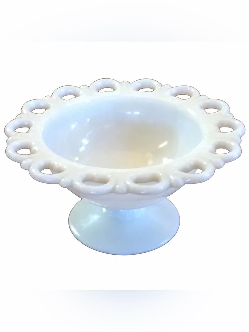 Vintage Anchor Hocking “Old Colony” Milk Glass Lace Edge Pedestal Compote Dish